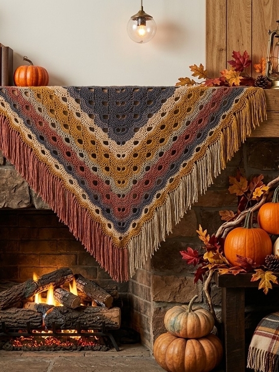 Handmade Other - Autumn Fringe Triangle Shawl - Multicolor Fall Crochet